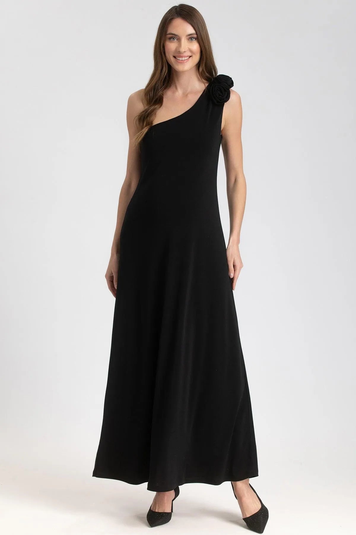 Black One-Shoulder Maternity Dress with Detachable Flowers