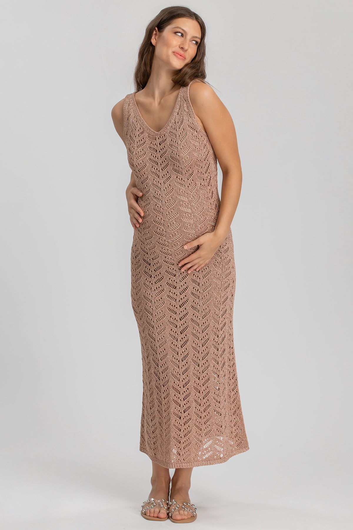 PORTOFINO | Maxi Abito Premaman Rosa a Rete con Scollo a V