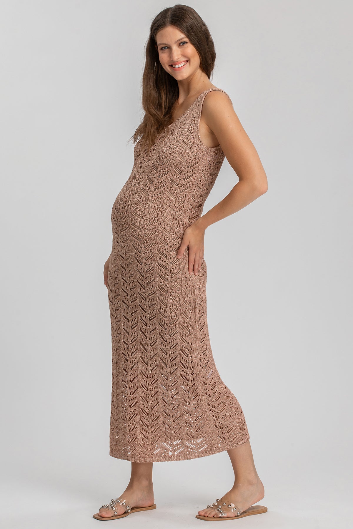 PORTOFINO | Maxi Abito Premaman Rosa a Rete con Scollo a V