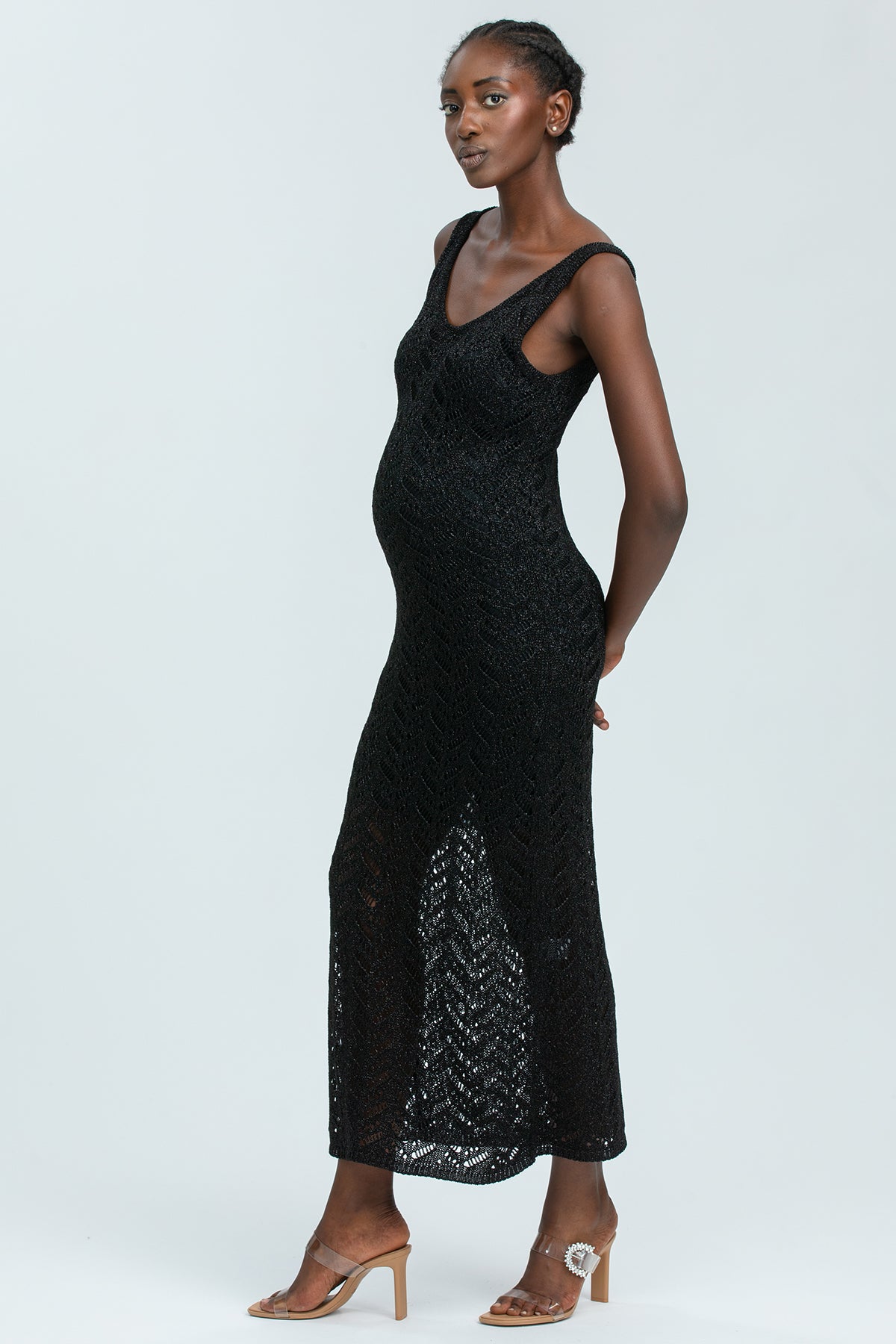 PORTOFINO | Maxi Abito Premaman Nero a Rete con Scollo a V