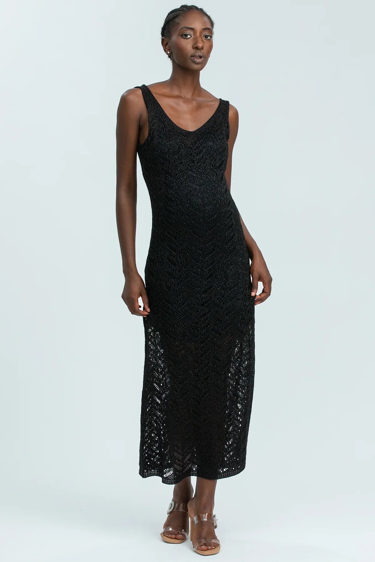 Abito premaman nero lungo in pizzo senza maniche, elegante e comodo per gravidanza. Abito premaman per la sera