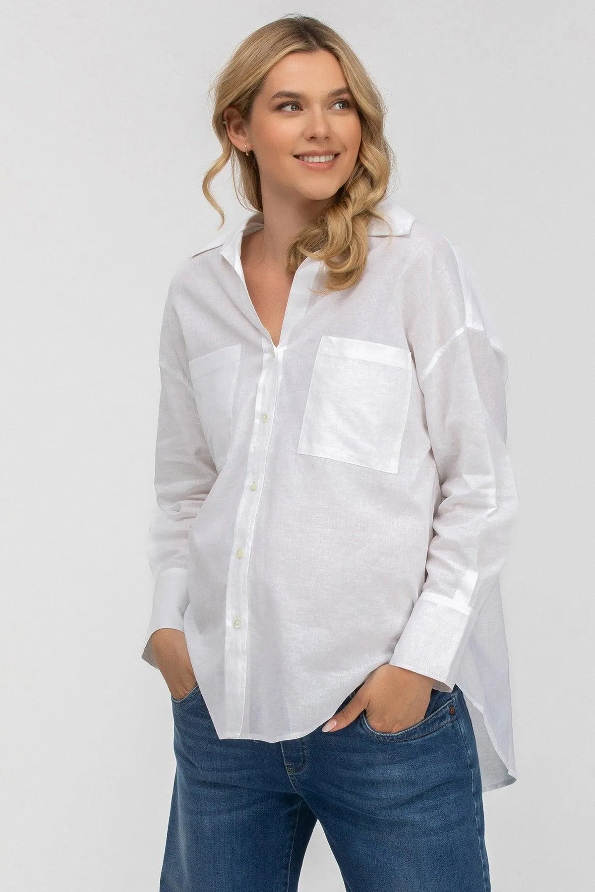 SOPHIA POCKET | Camicia Premaman Oversize con Tasche Frontali in Lino Bianca - Pietro Brunelli
