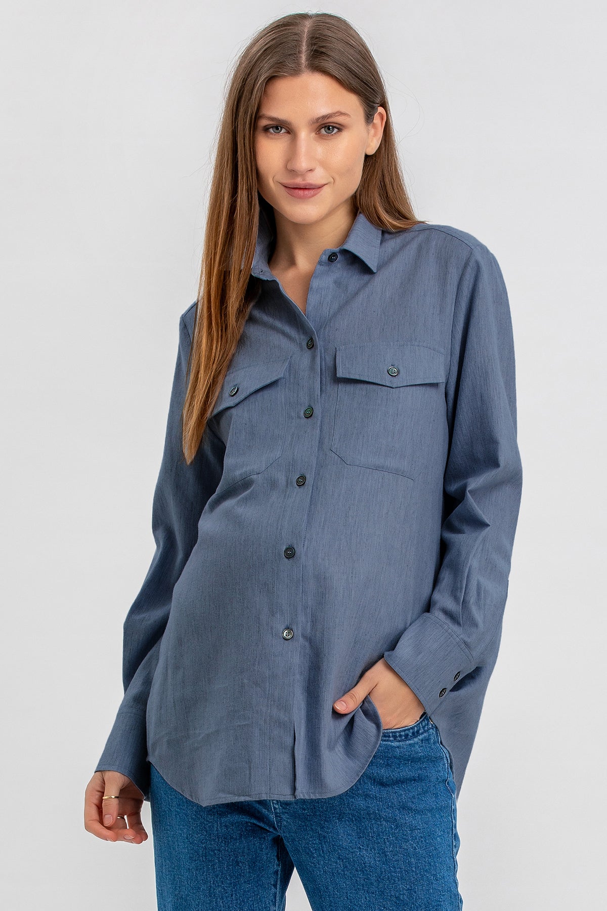 Avion Blue Maternity Shirt-Jacket in Cotton Flannel ANGELINA