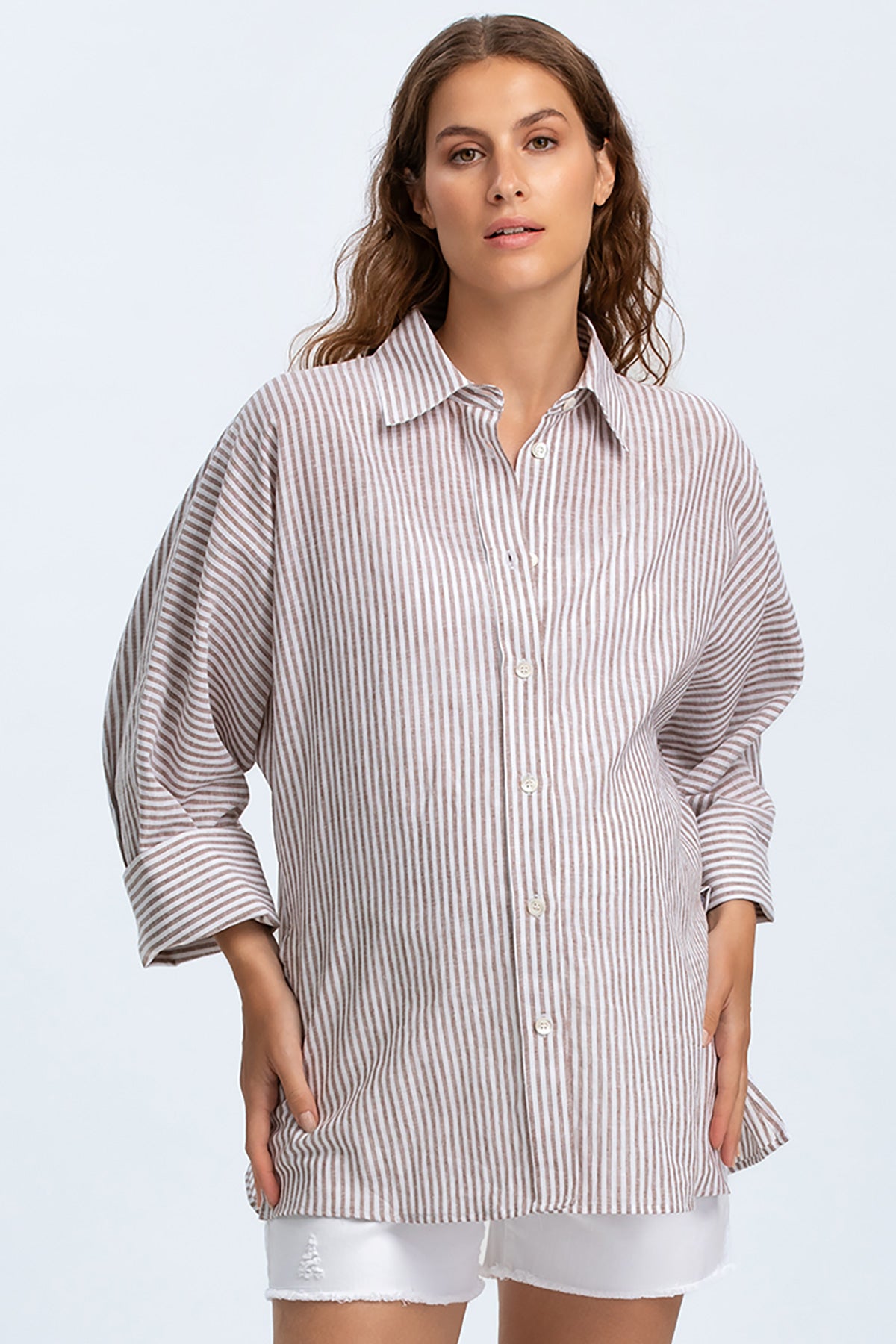 LIPARI | Camicia Premaman Oversize in Lino a Righe Marroni