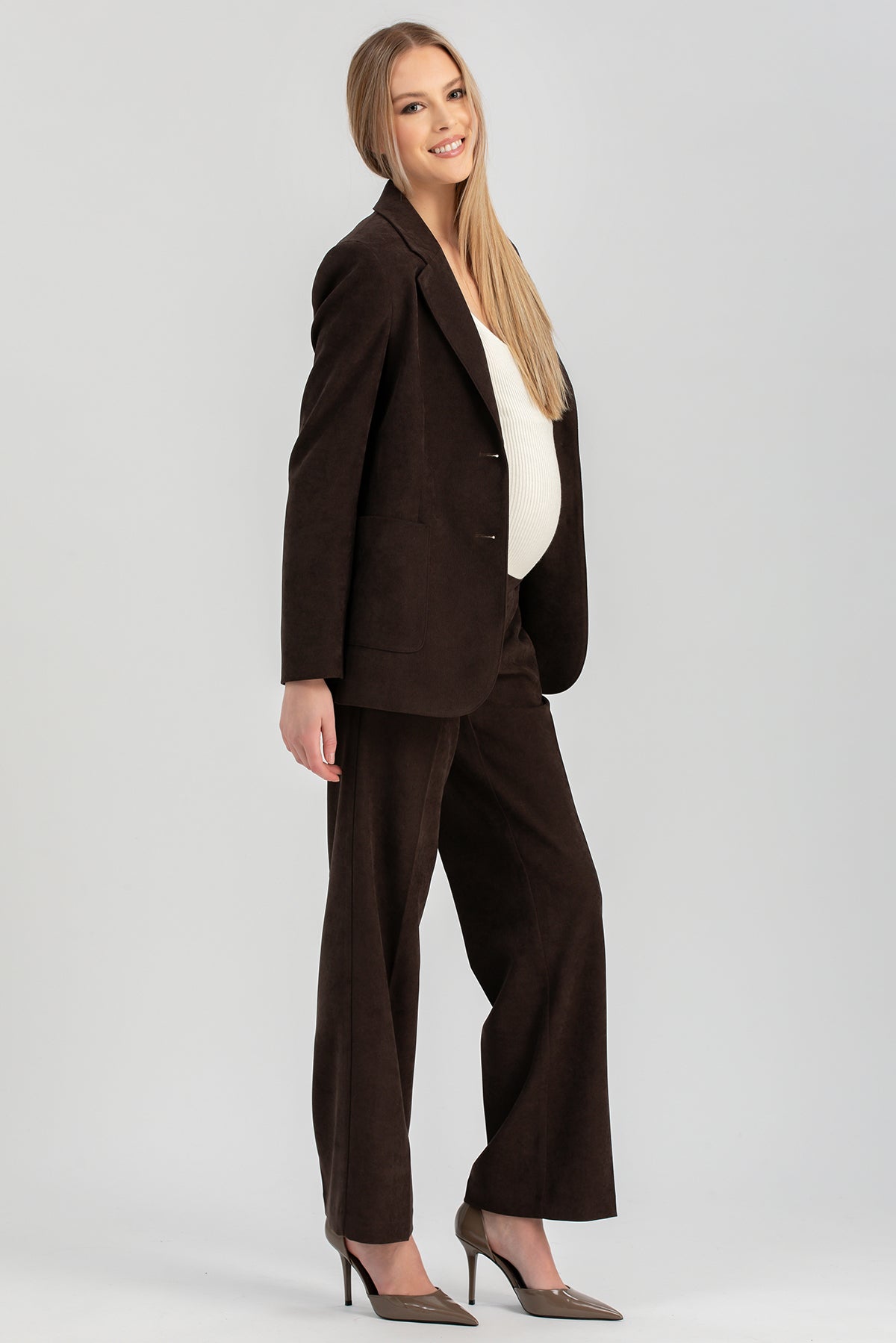 DAMIAN | Pantaloni Premaman Marroni a Gamba Dritta in Velluto con Micro Coste