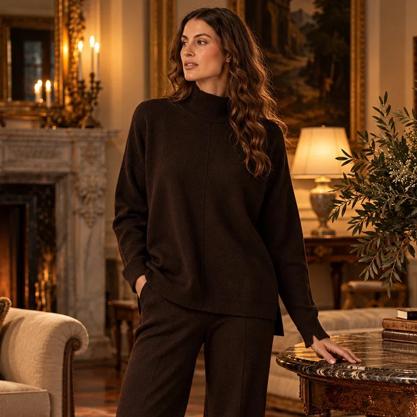 Donna con maglia oversize marrone scuro a collo alto e pantaloni coordinati, in un elegante salotto di una villa toscana con camino acceso.