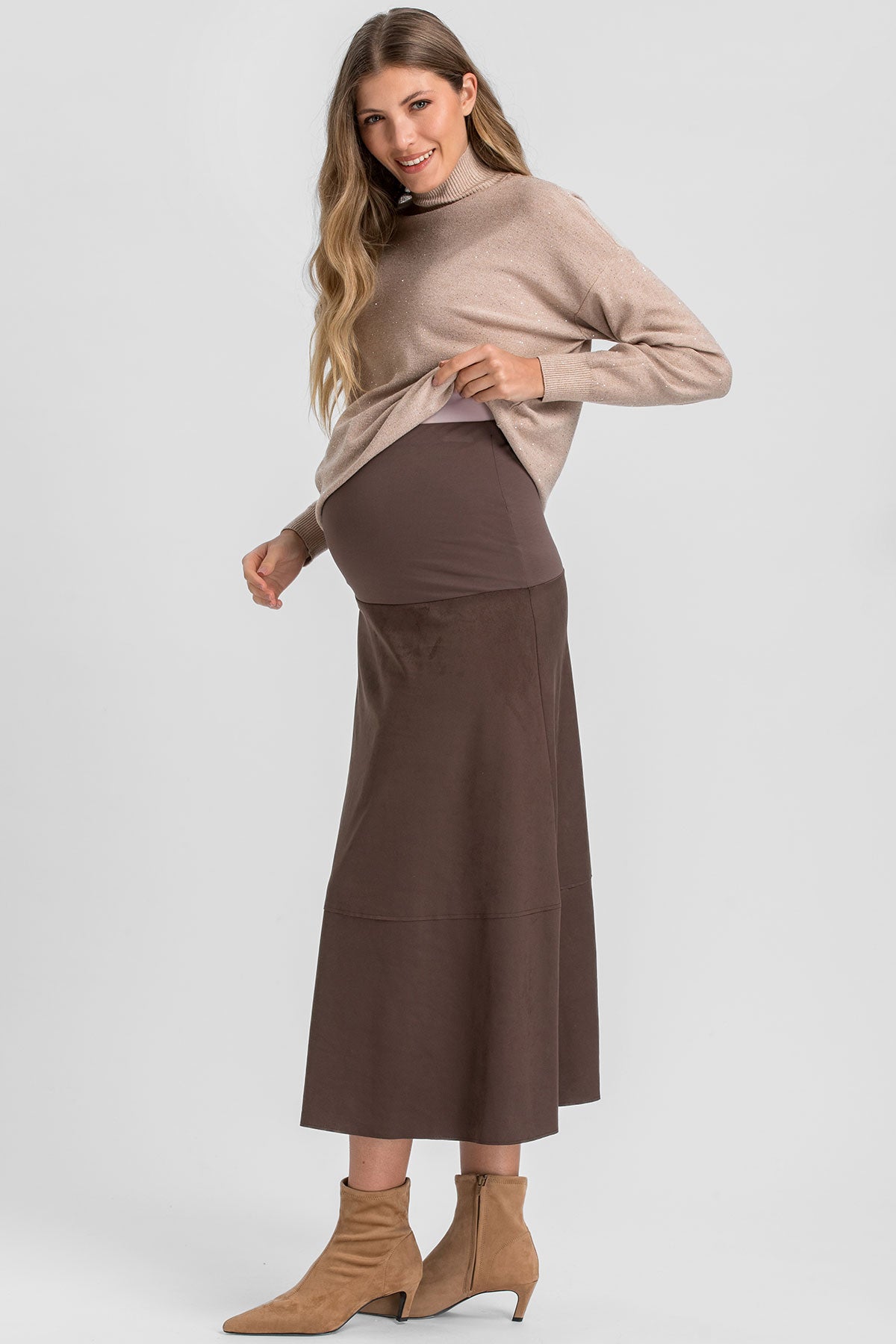 MAX | Brown Suede-Effect Maternity Midi Skirt