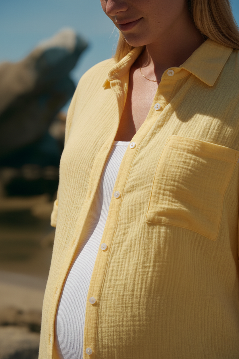 Donna incinta con camicia premaman gialla in tessuto leggero, stile casual estivo