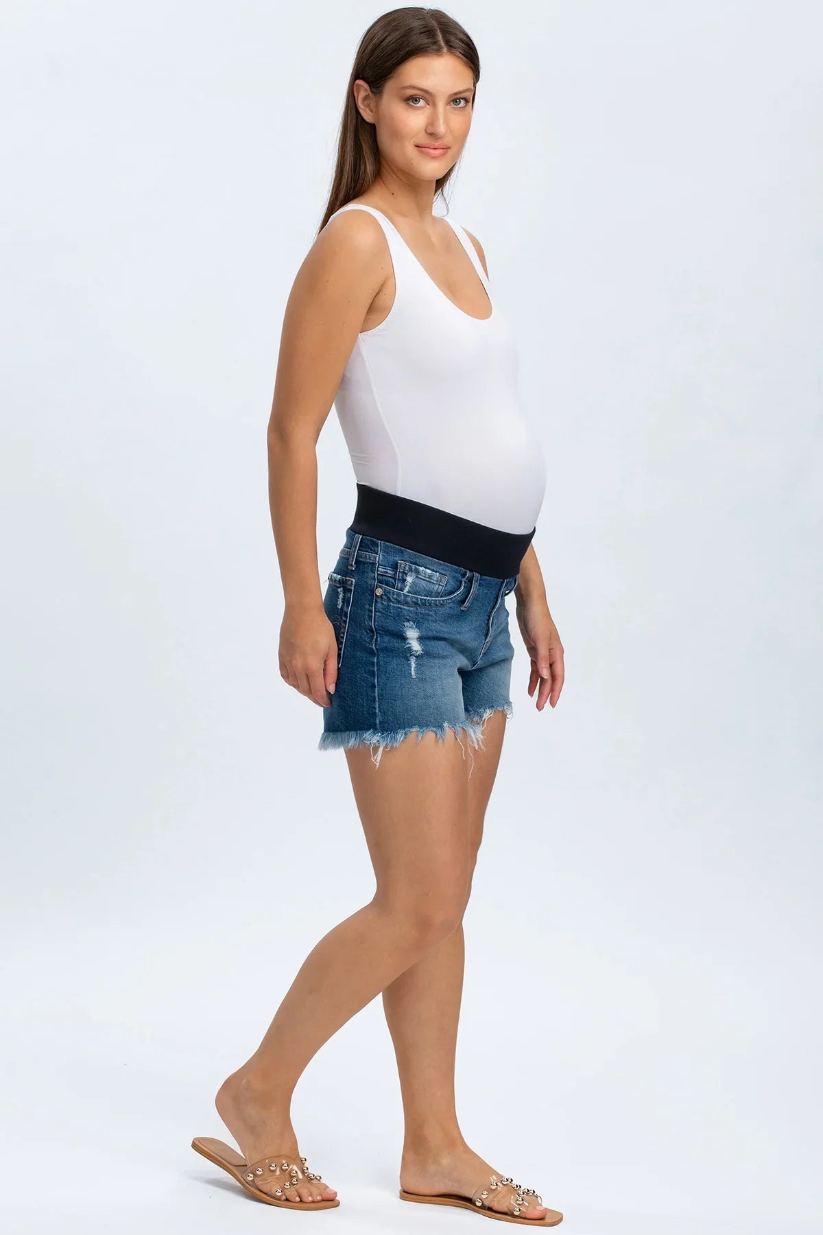Shorts premaman in denim blu con fascia elastica, modello estivo per gravidanza