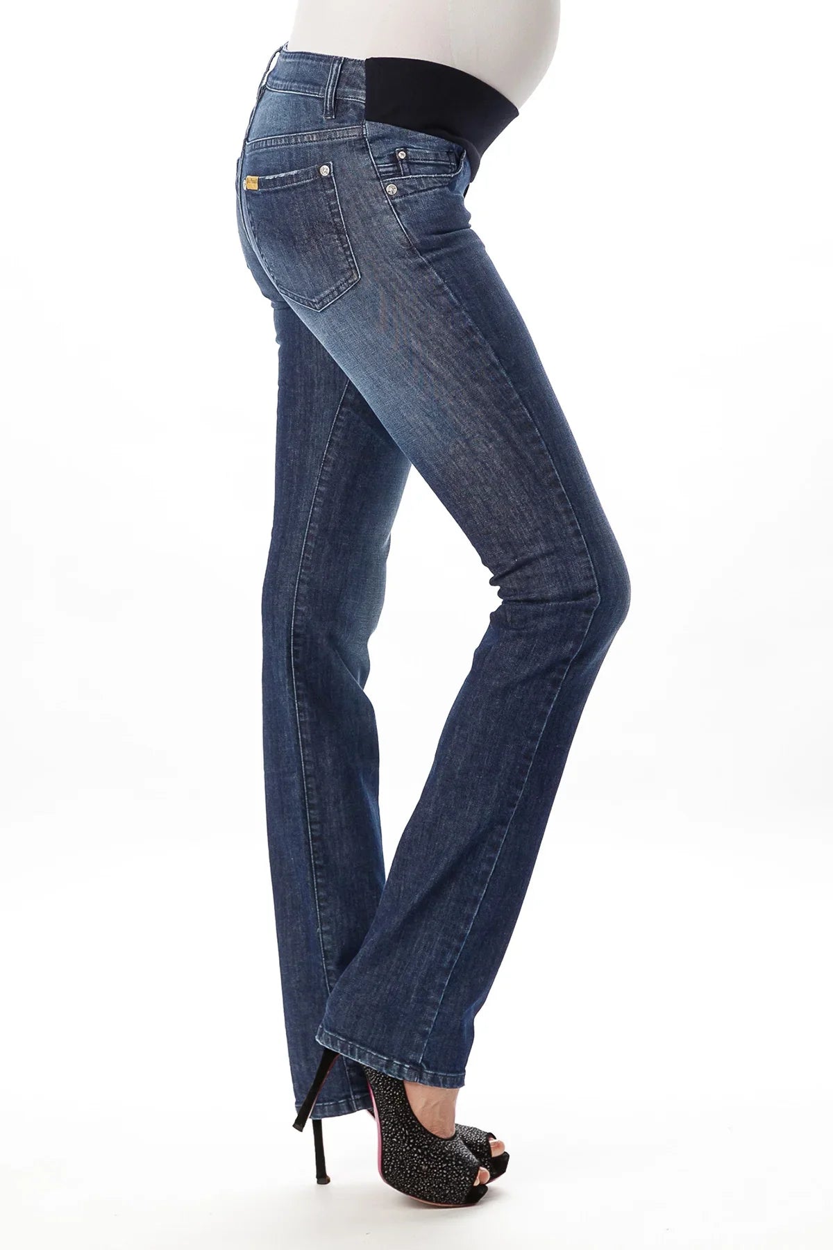 Jeans premaman elasticizzati a zampa con fascia addominale, moda abbigliamento gravidanza