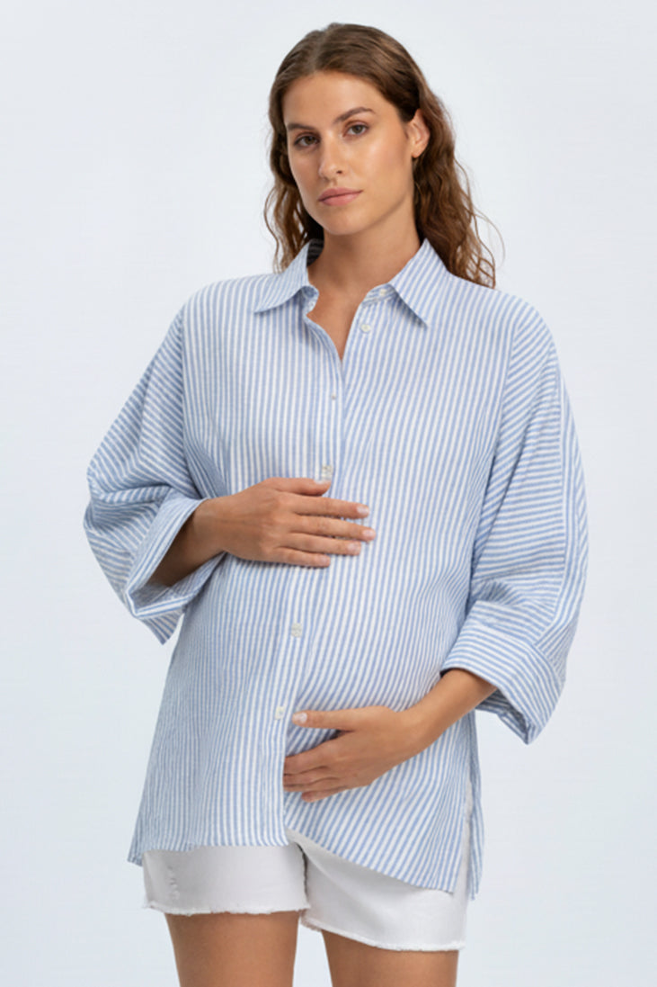 LIPARI | Camicia Premaman Oversize in Lino a Righe Azzurre