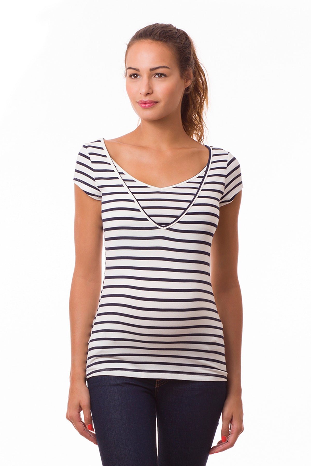 LISE | Short Sleeve Maternity and Nursing Top in Blue Stripes