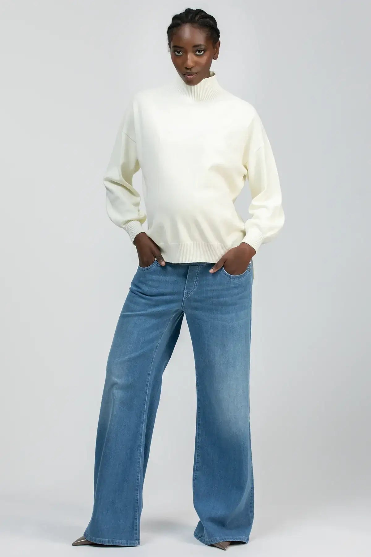 Jeans Premaman Donna Vita Alta A Gamba Larga - Comodi Ed Elastici, In Denim Morbido, Taglie M-5XL