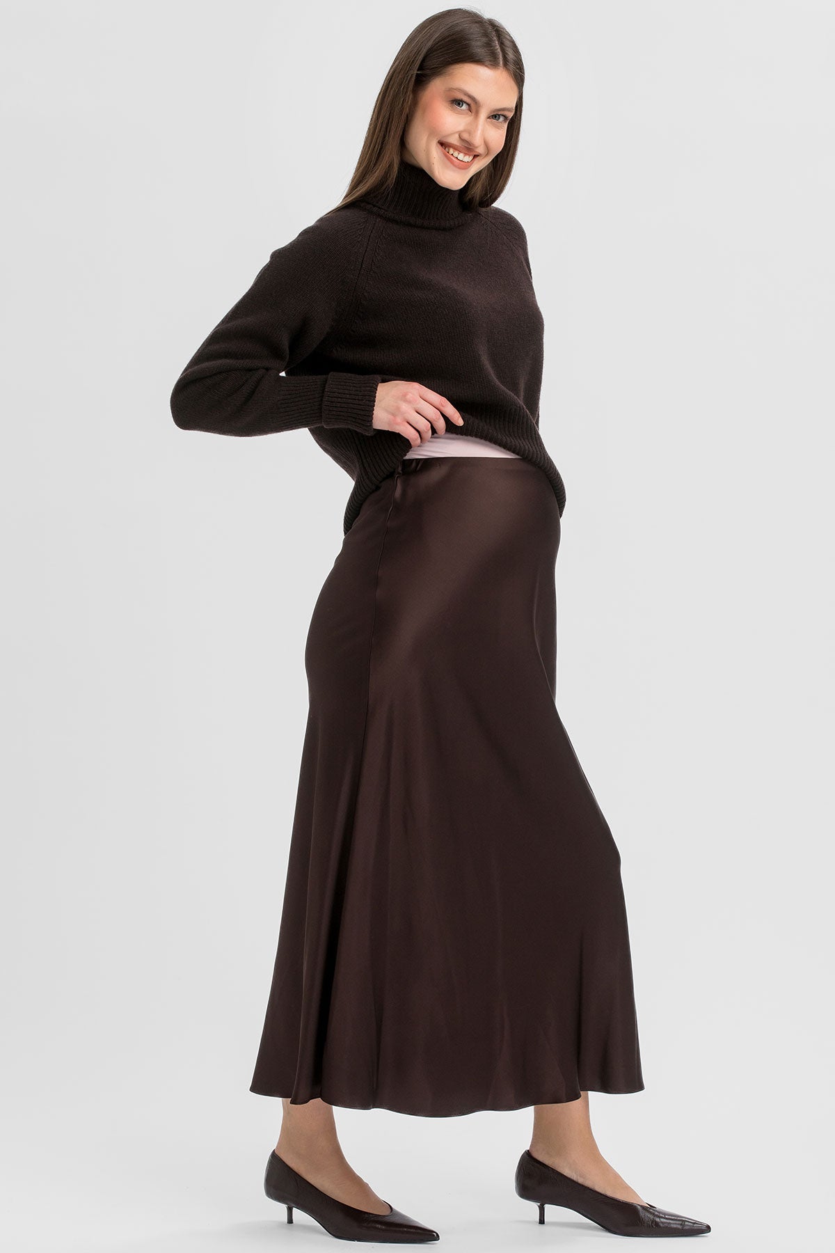 ECLAT | Brown Satin Maternity Maxi Skirt