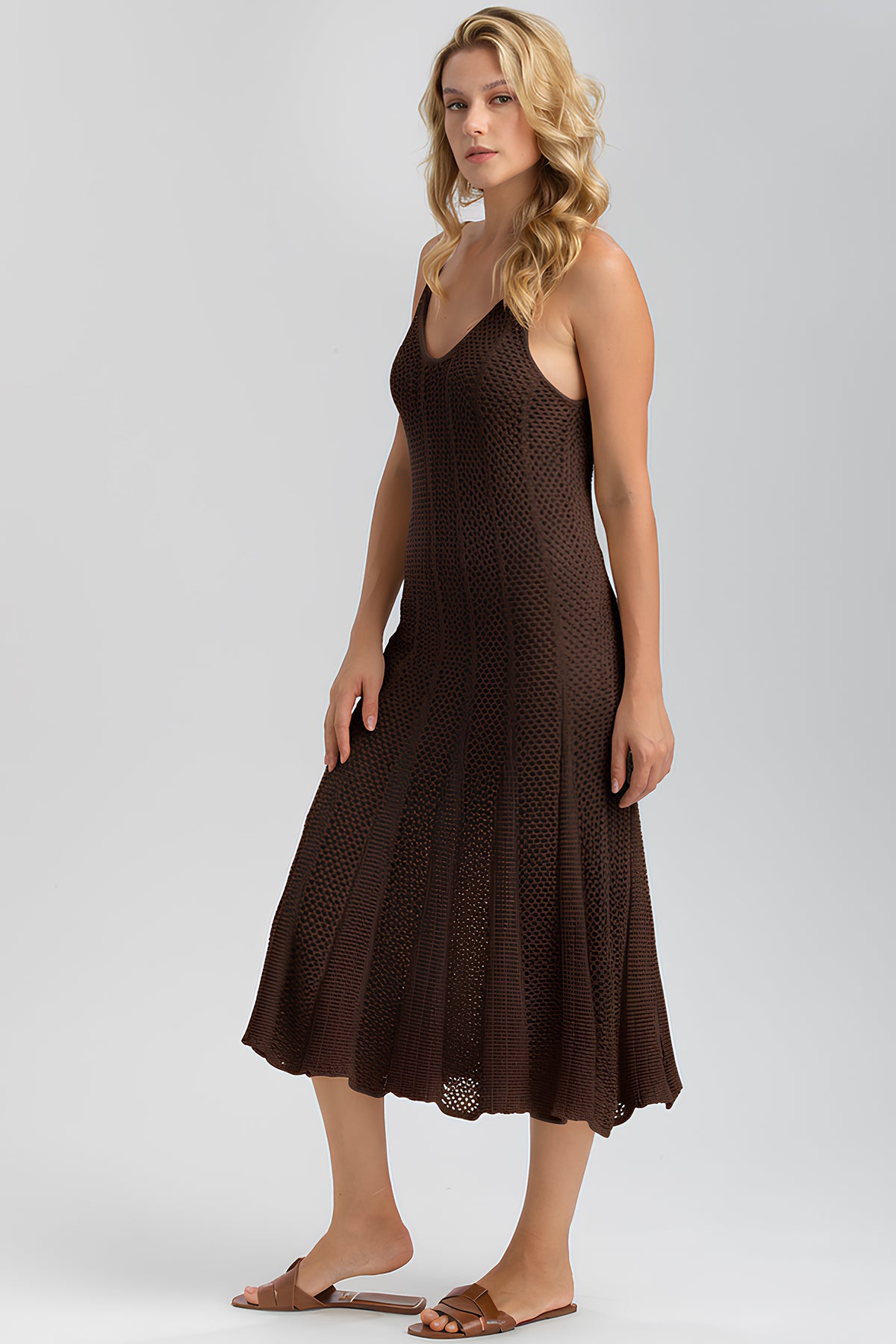 MAGNOLIA | Brown Mesh Dress with V-Neck