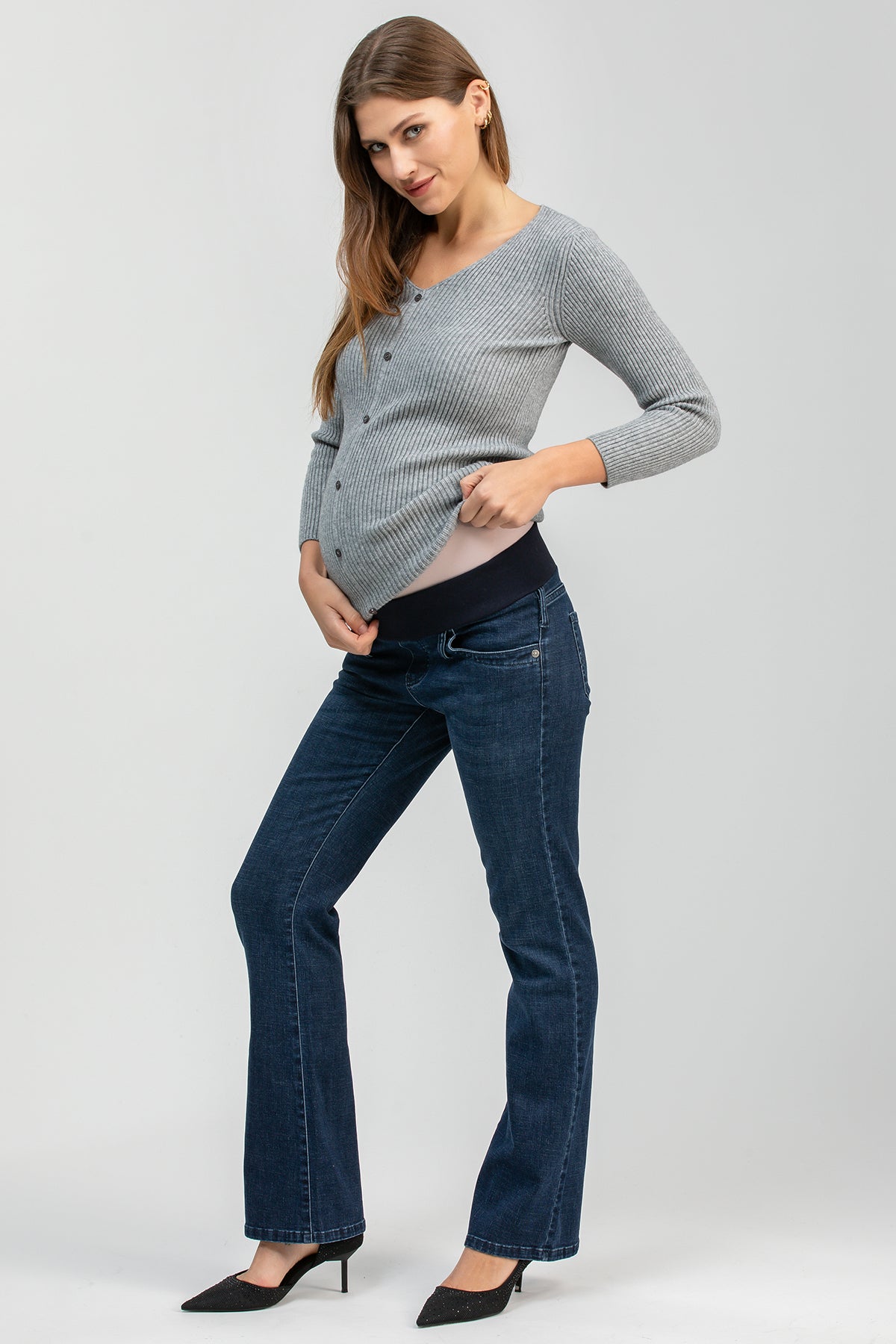 Cardigan premaman grigio con maniche a tre quarti