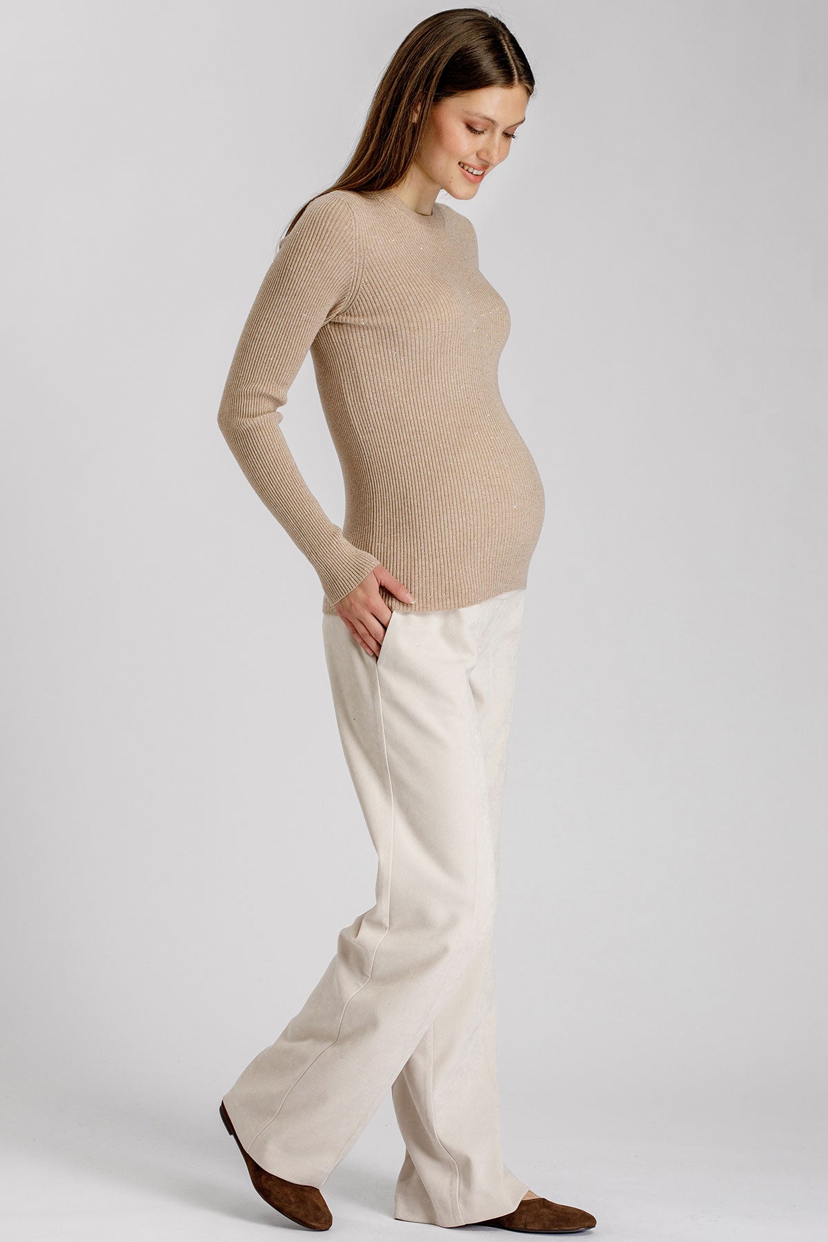 Maglia Premaman Beige a Costine con Dettagli Luminosi e Paillettes