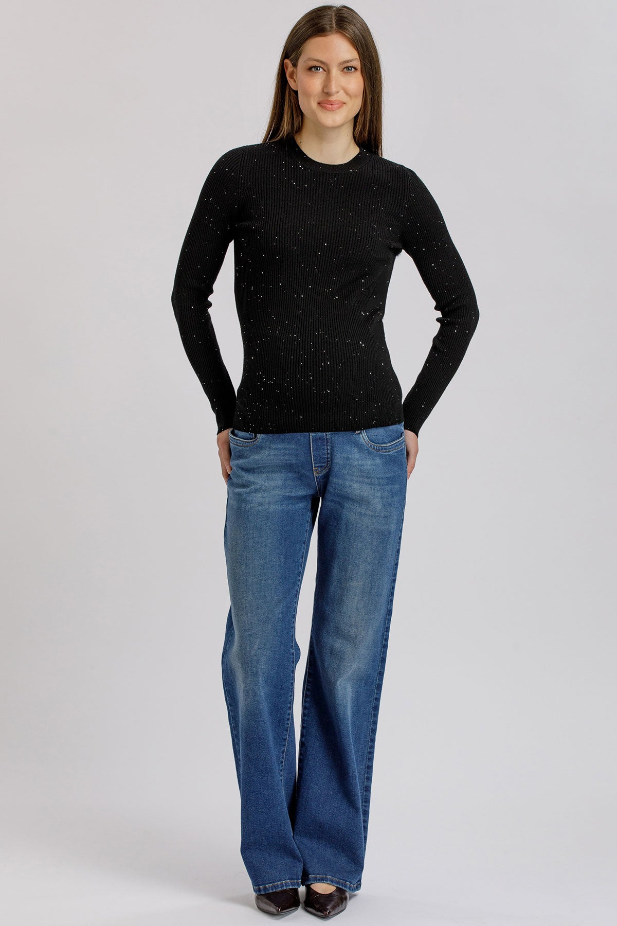 ODETTE | Maglia Premaman Nera a Costine con Dettagli Luminosi