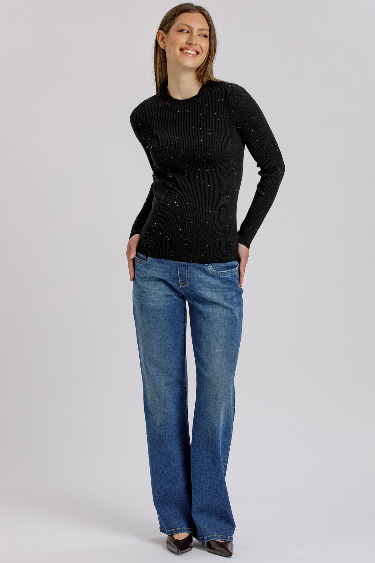 ODETTE | Maglia Premaman Nera a Costine con Dettagli Luminosi