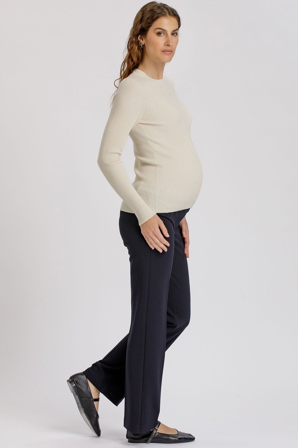 ODETTE | Maglia Premaman Crema a Costine con Paillettes