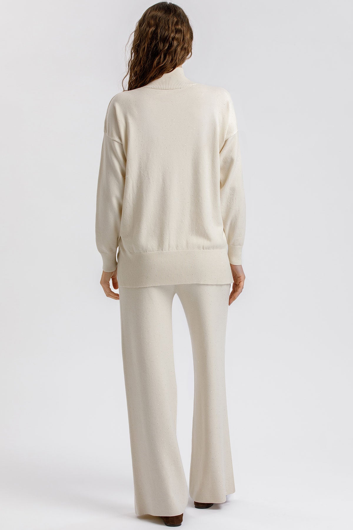 Pantaloni Premaman Crema a Gamba Larga con micro paillettes