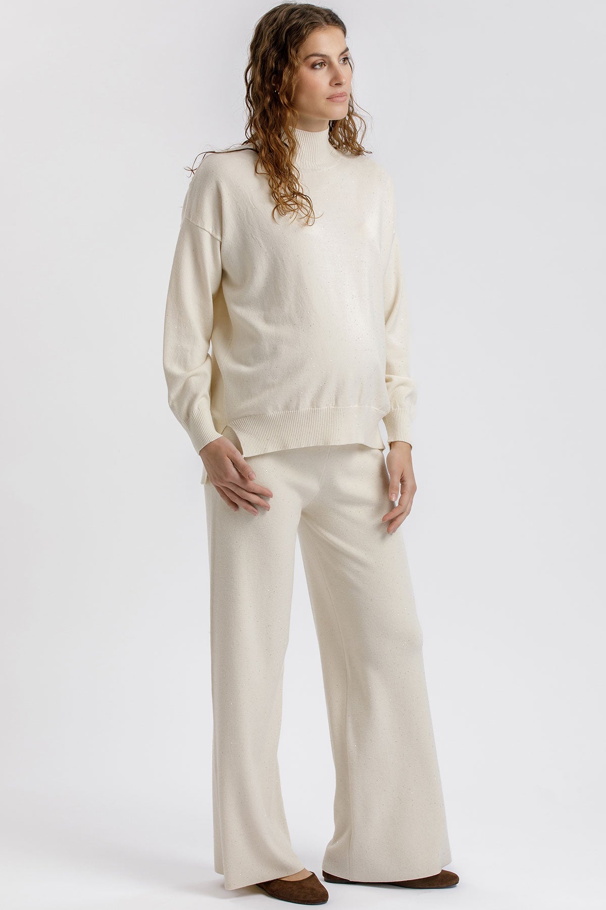 Pantaloni Premaman Crema a Gamba Larga con micro paillettes