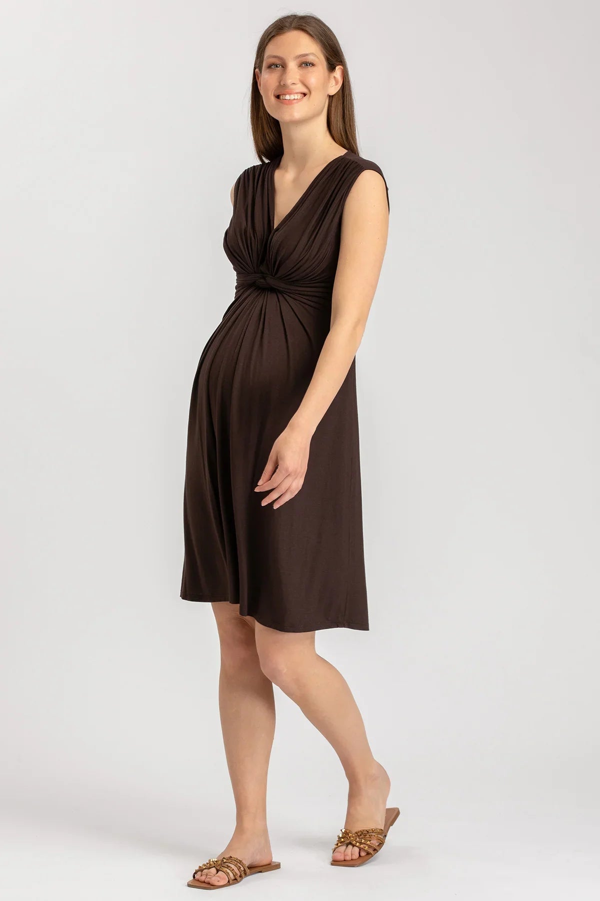 Abito premaman marrone senza maniche, elegante e comodo, ideale per gravidanza