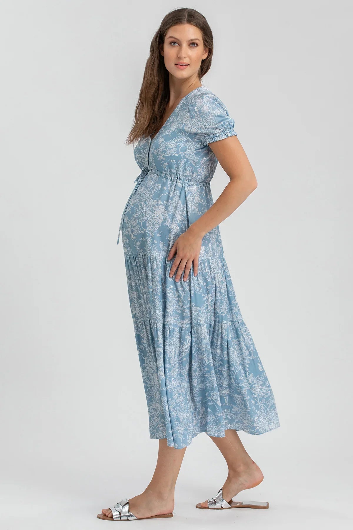 Abito premaman azzurro floreale, donna incinta, vestito elegante maternity