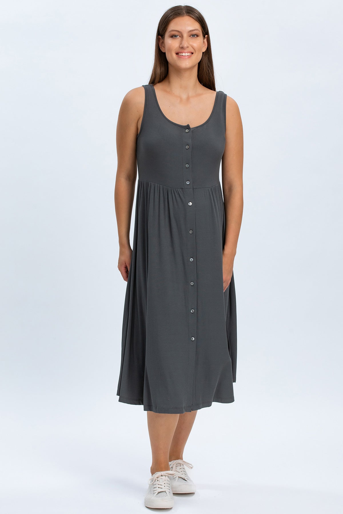 Vestito premaman grigio senza maniche con bottoni frontali, stile casual, ideale gravidanza