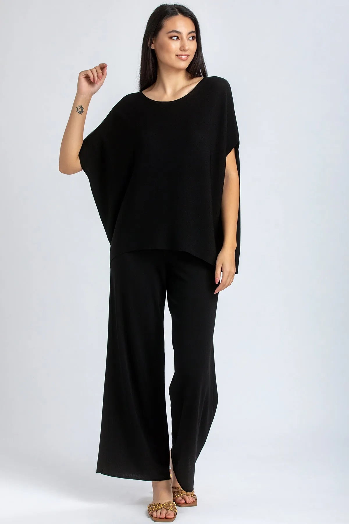 Completo premaman nero donna, top a maniche corte e pantaloni ampi, abbigliamento elegante