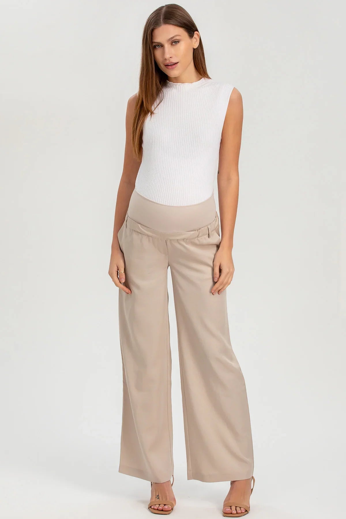 Pantaloni Premaman a Gamba Larga Beige