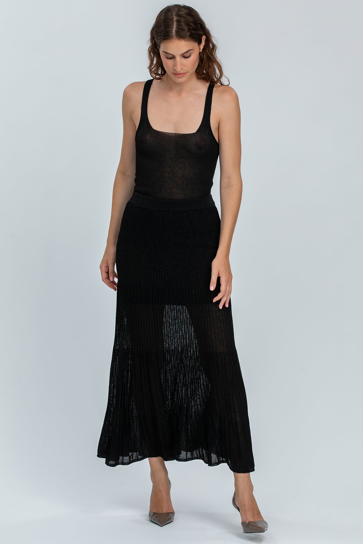 SANTORINI | Top Nero Glitterato con Scollo Squadrato