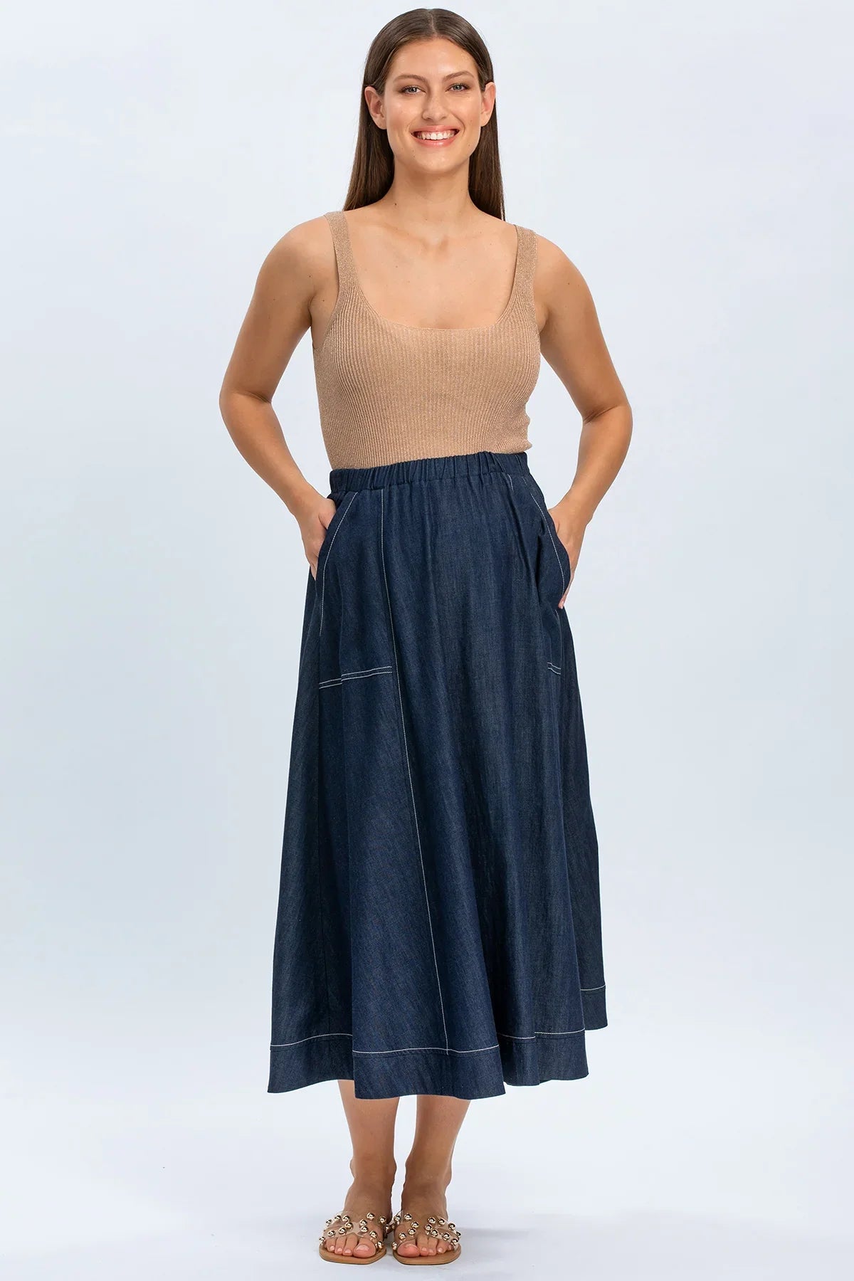 Gonna lunga premaman in denim blu con elastico in vita, abbigliamento premaman elegante