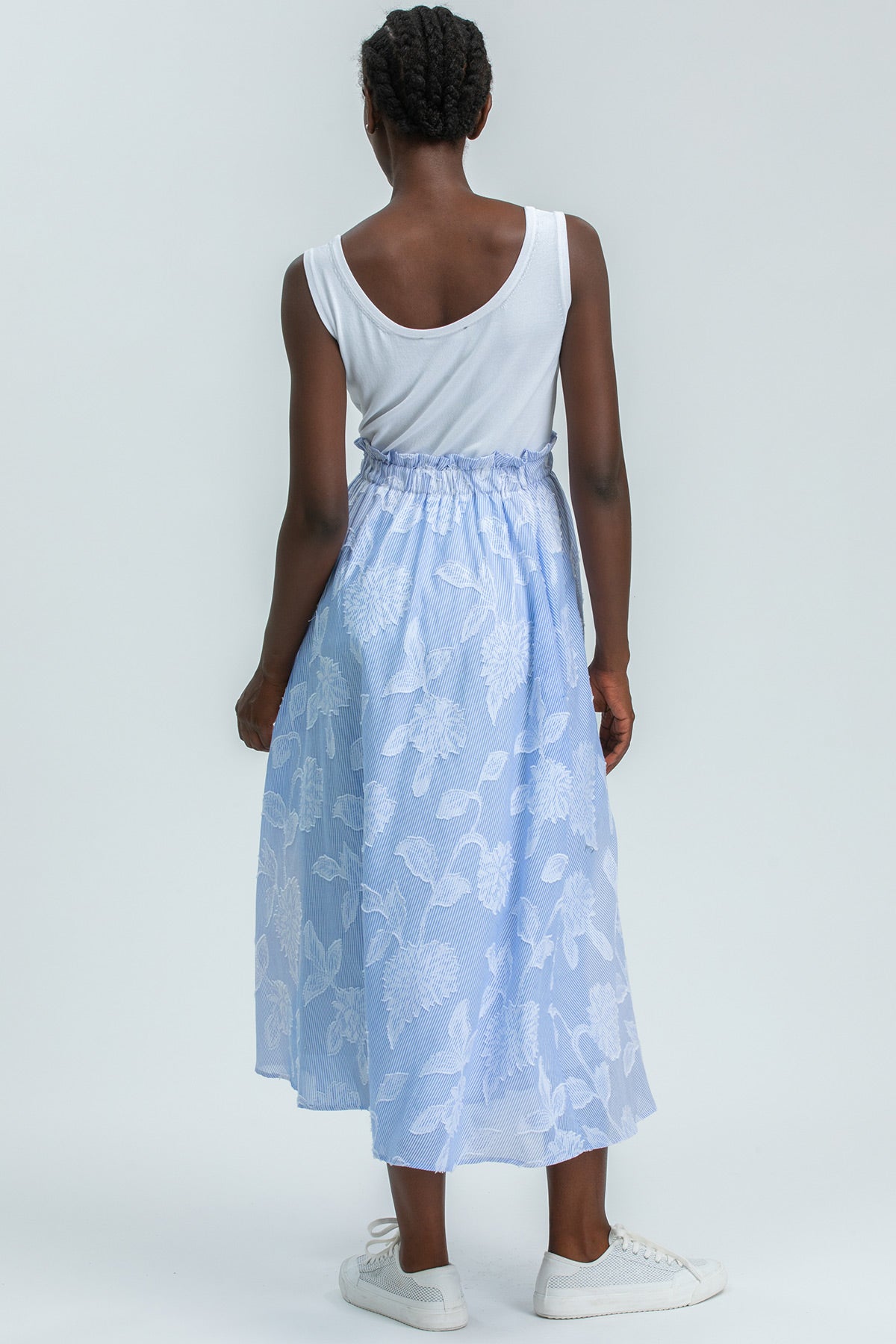Gonna premaman lunga azzurra con fantasia floreale, elastico in vita, stile casual elegante