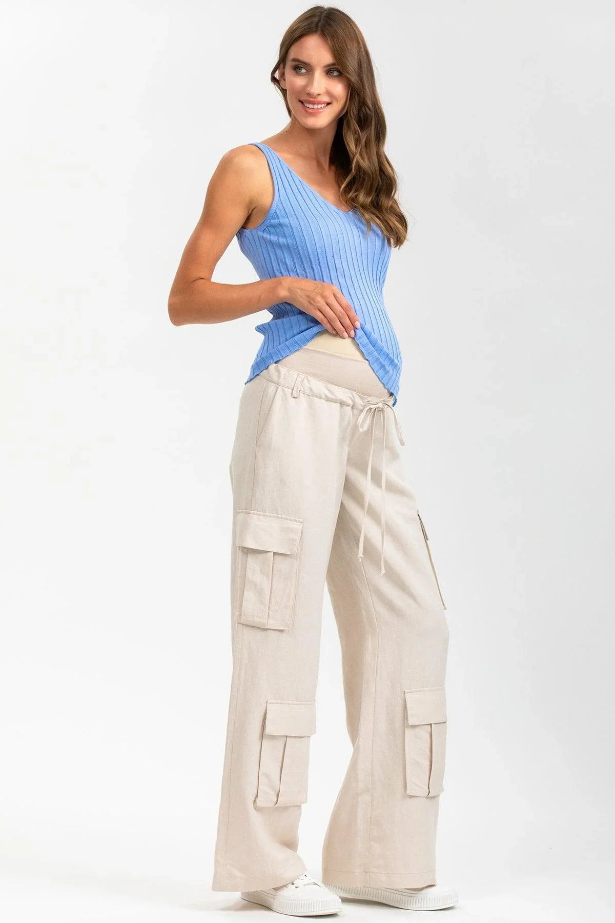 GEORGE | Pantaloni Premaman Stile Cargo in Lino Beige - Pietro Brunelli
