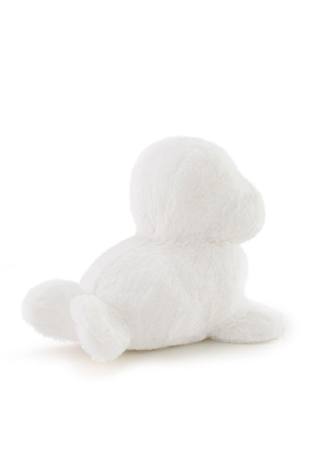 Peluche foca bianca morbida, vista posteriore su sfondo bianco