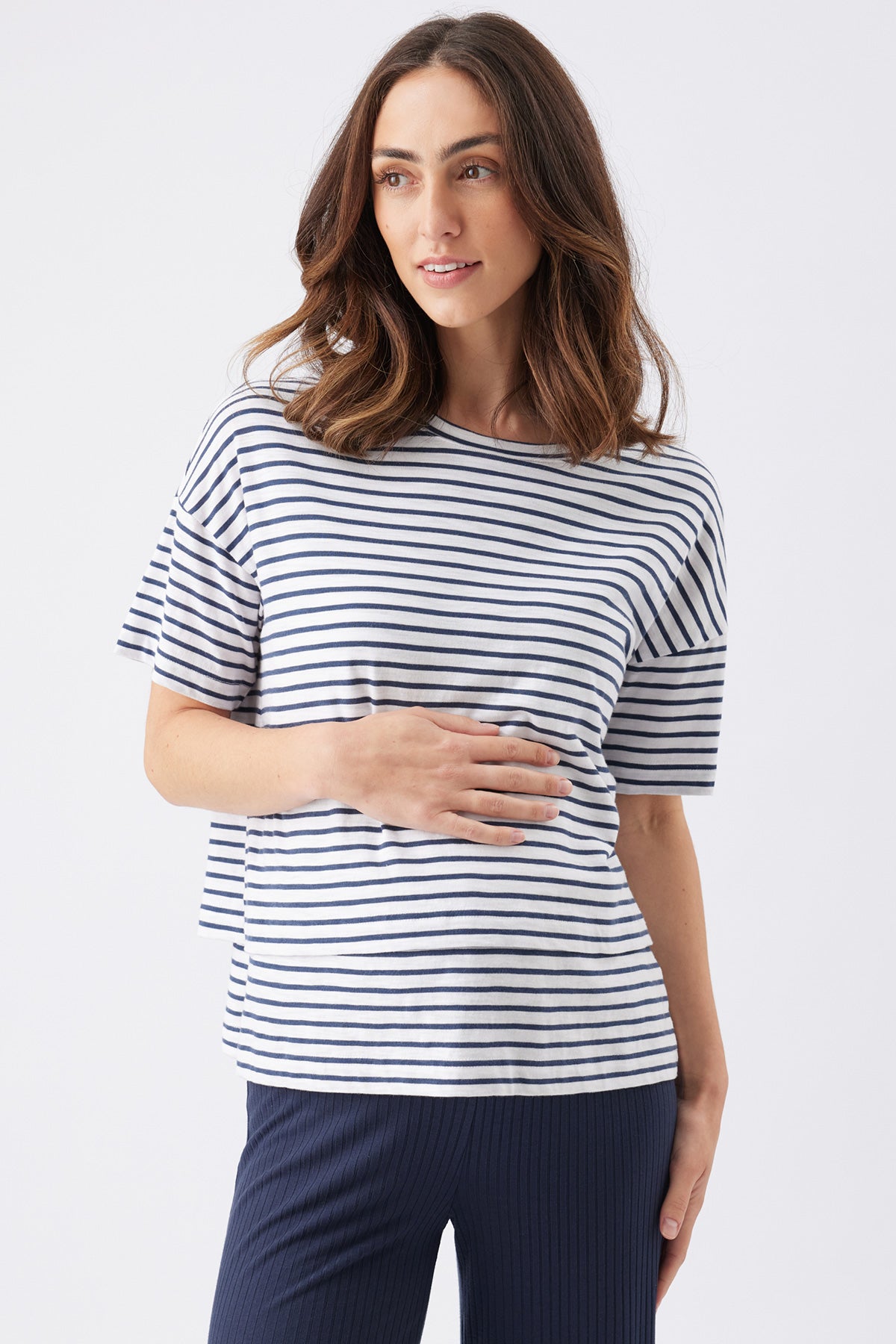 CLAUDETTE | Maglia Premaman e Allattamento a Righe Blu
