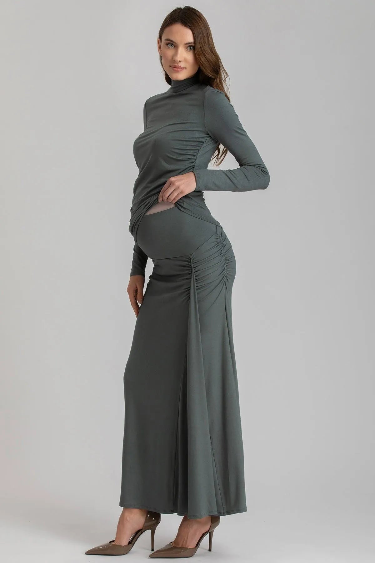 NIKE | Gonna Maxi Premaman Verde con Arricciature in Morbido Bambù - Pietro Brunelli