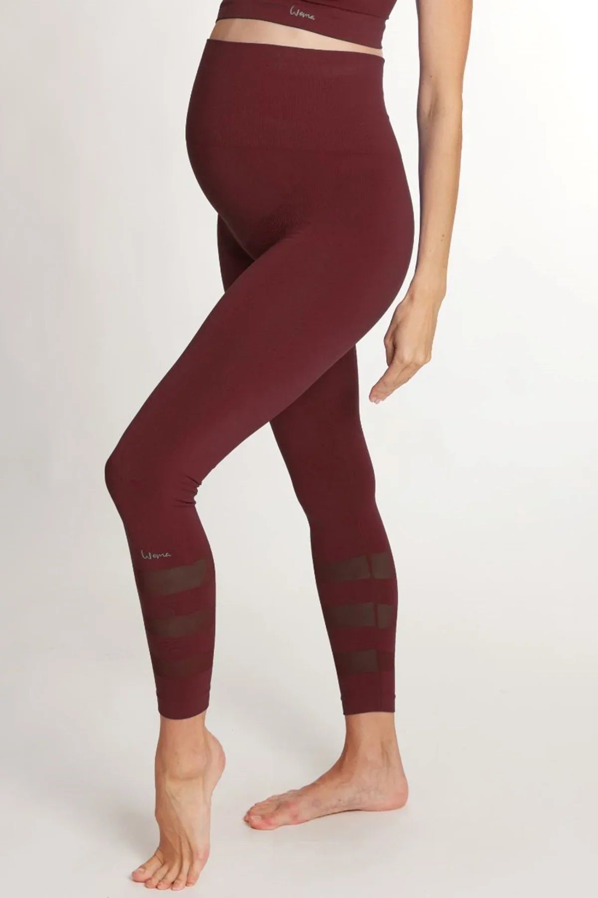 Leggings premaman bordeaux con fascia alta per gravidanza, dettagli trasparenti sulle gambe