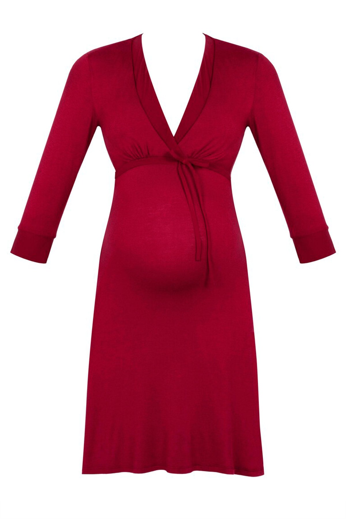Chemise da notte premaman bordeaux a maniche lunghe, scollo a V e taglio sotto il seno