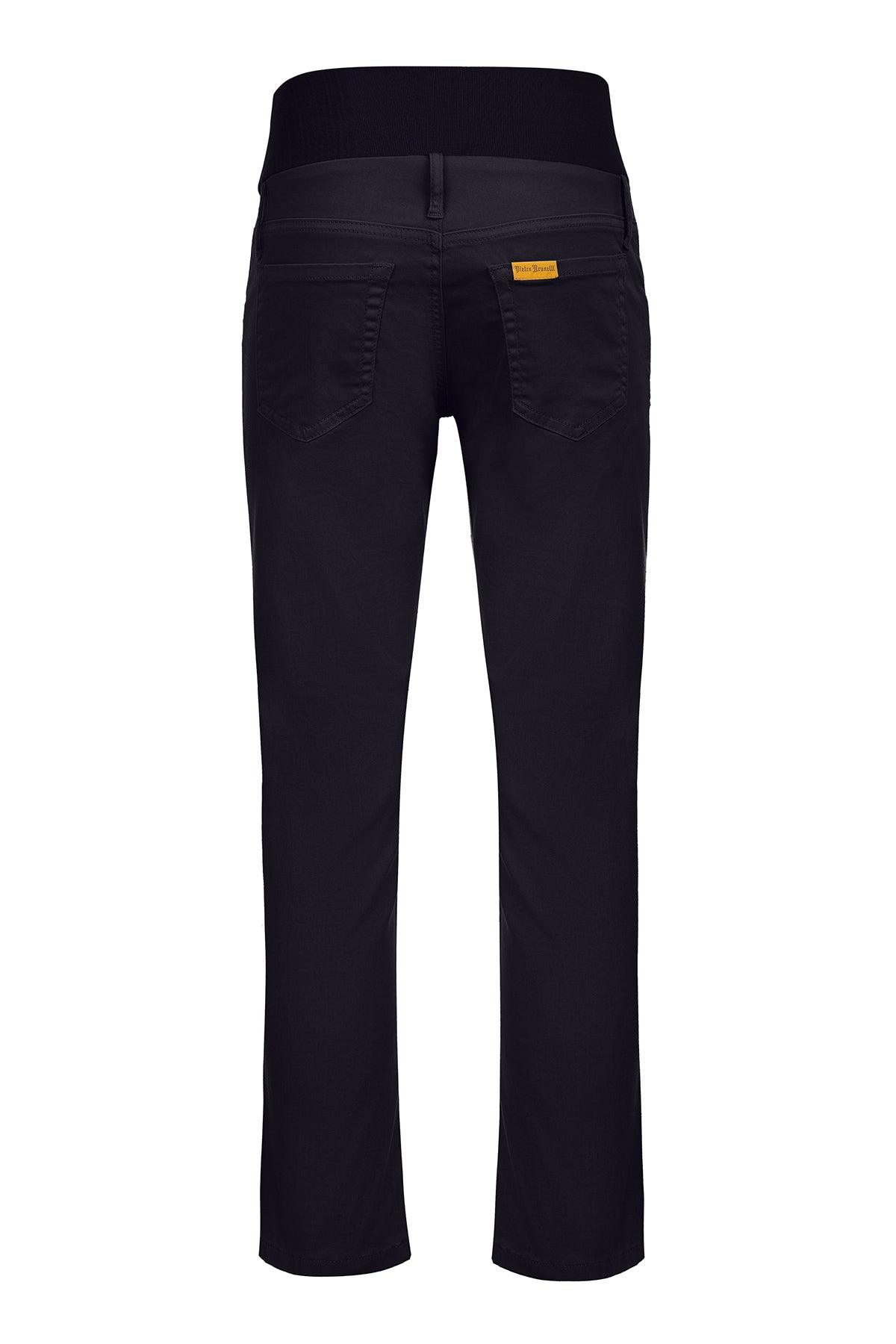 Pantaloni premaman neri con fascia elasticizzata in vita, vista posteriore, cotone morbido.