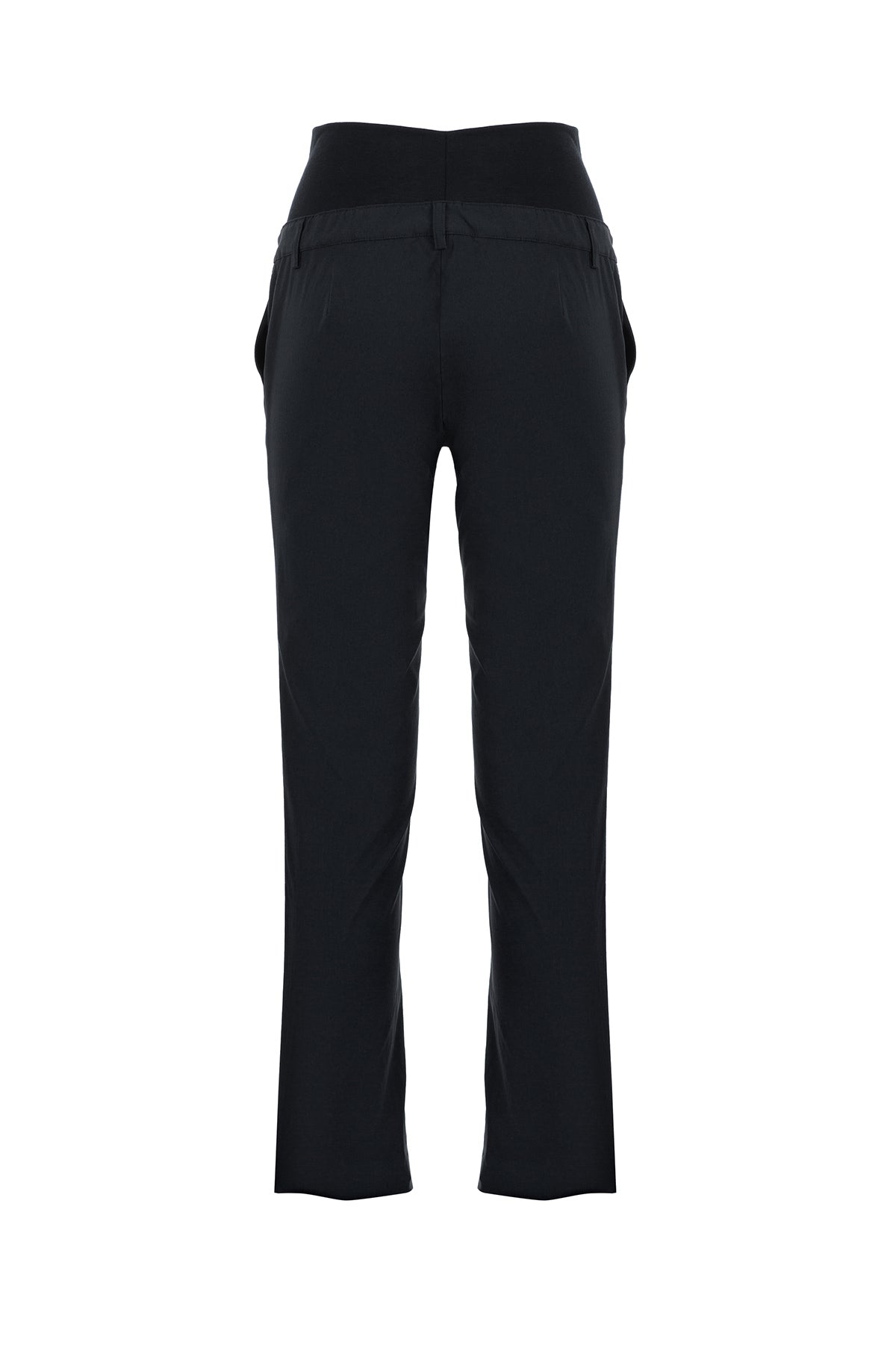 Pantaloni premaman neri eleganti con fascia elastica alta, vista posteriore su sfondo bianco