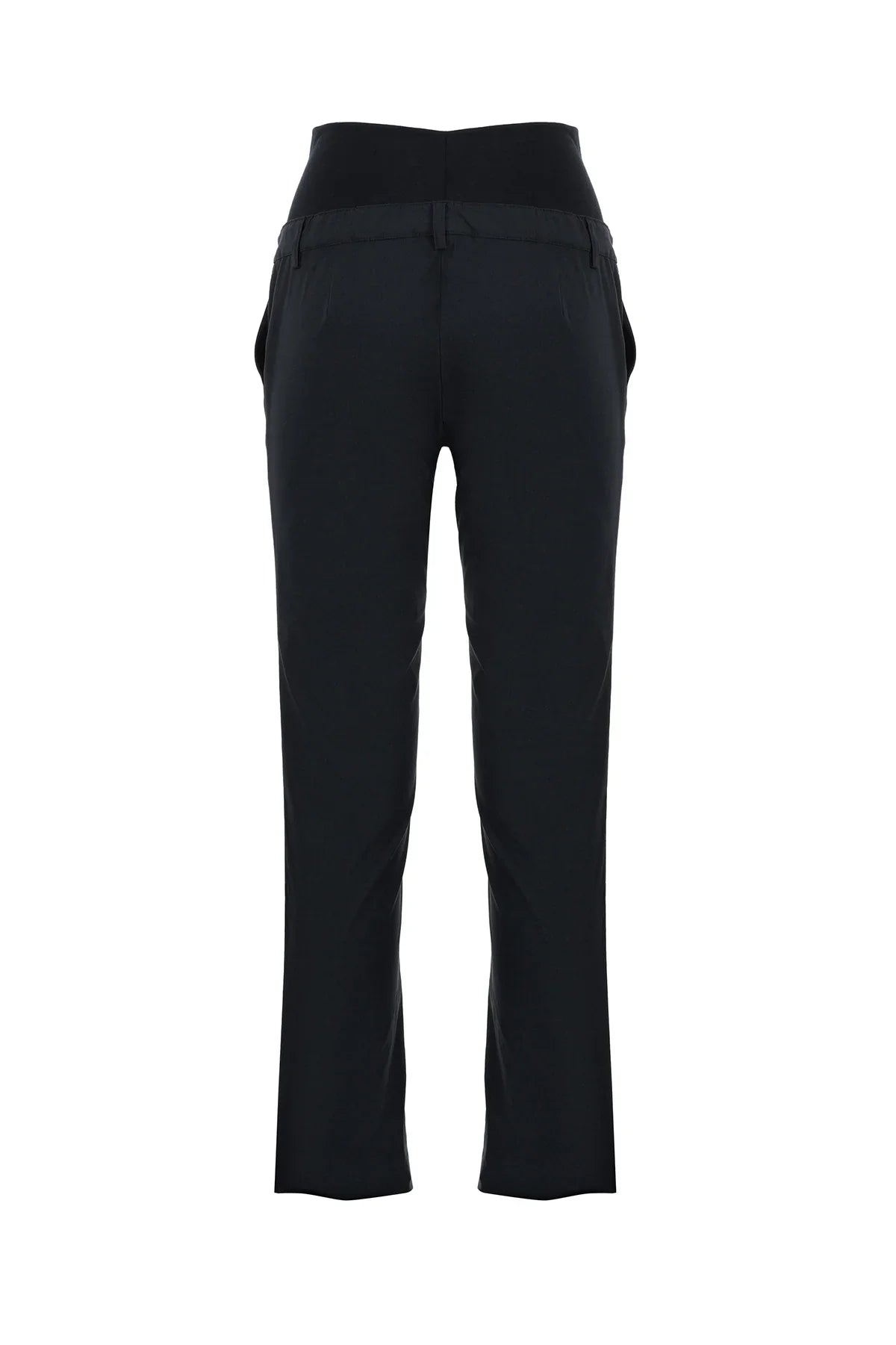 Pantaloni premaman neri eleganti con fascia elastica alta, vista posteriore su sfondo bianco