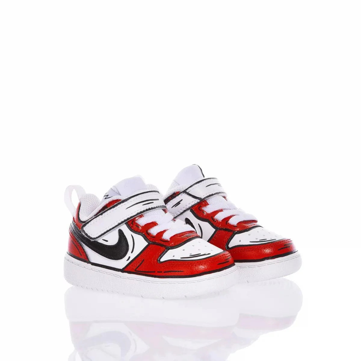 Scarpe da ginnastica primi passi bimbo bianche rosse con dettagli neri, stile sportivo.