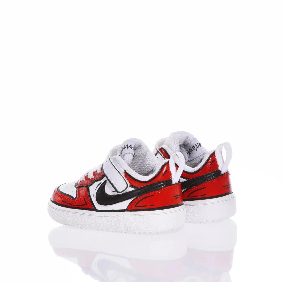 Scarpe sportive bimbo bianche, rosse e nere con chiusura a strappo, fondo bianco riflettente