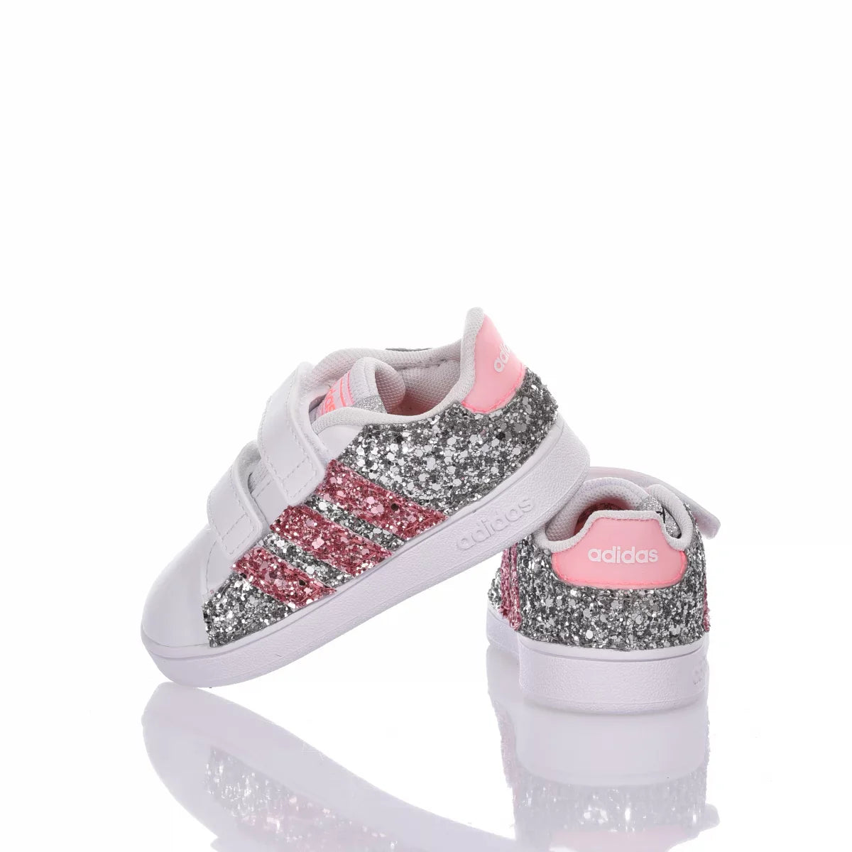 Scarpe da ginnastica bambina con glitter argento e rosa, chiusura a strappo, dettagli rosa