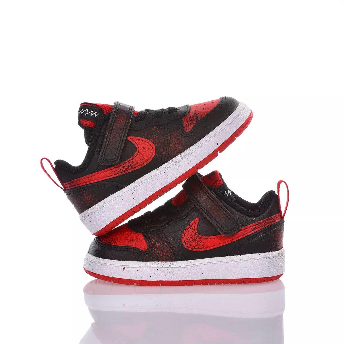 Scarpe bambino nere e rosse con chiusura a strappo, non abbigliamento premaman.