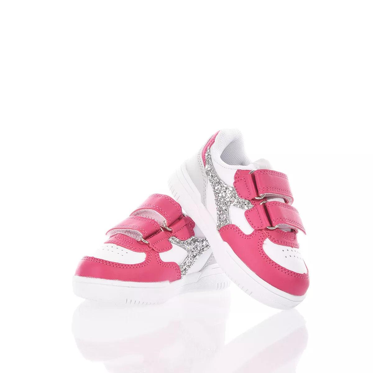 Scarpe sportive bimba rosa e bianche con glitter, ideali per abbigliamento premaman.