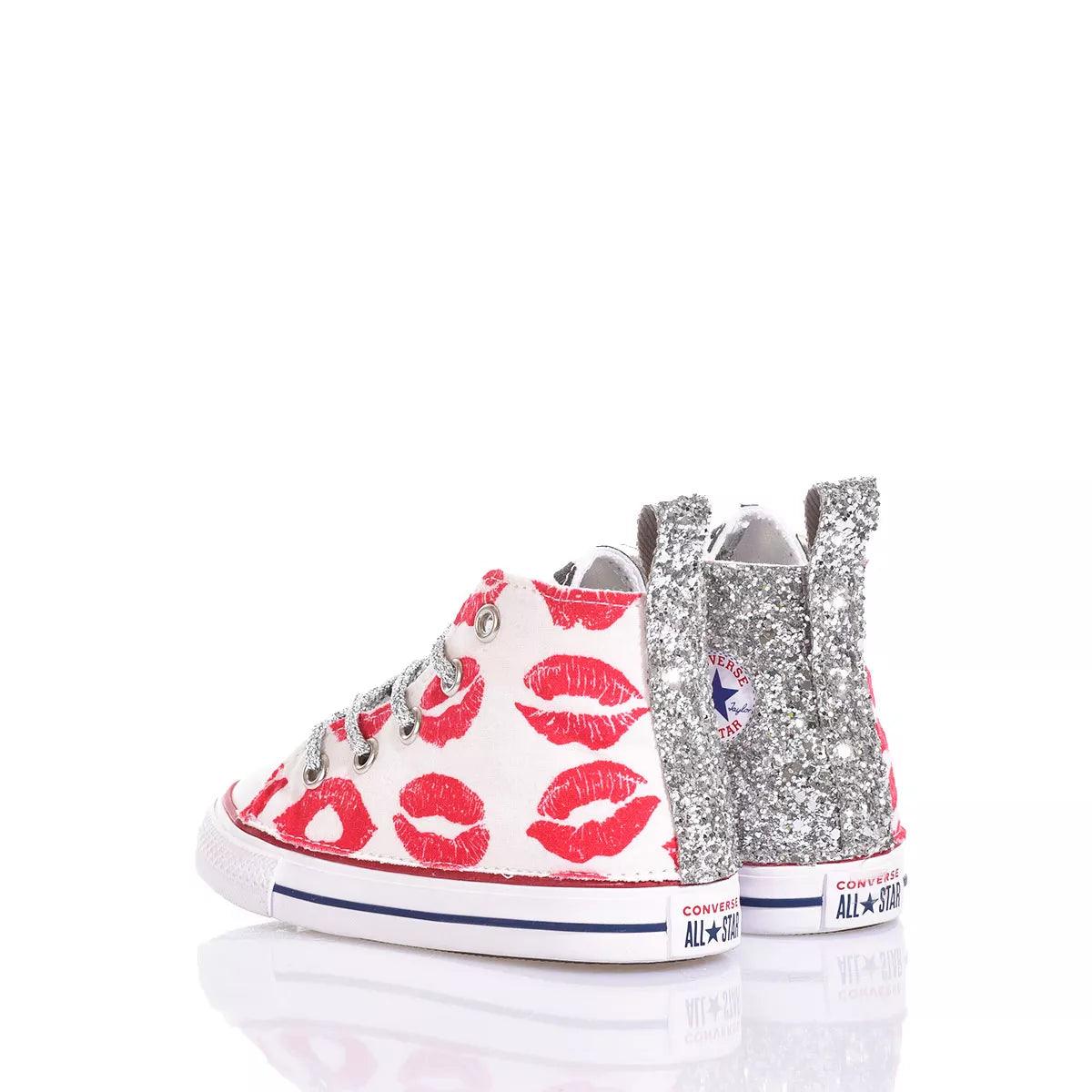 Scarpe sneakers premaman bianche con stampa di labbra rosse e glitter argento, moda gravidanza