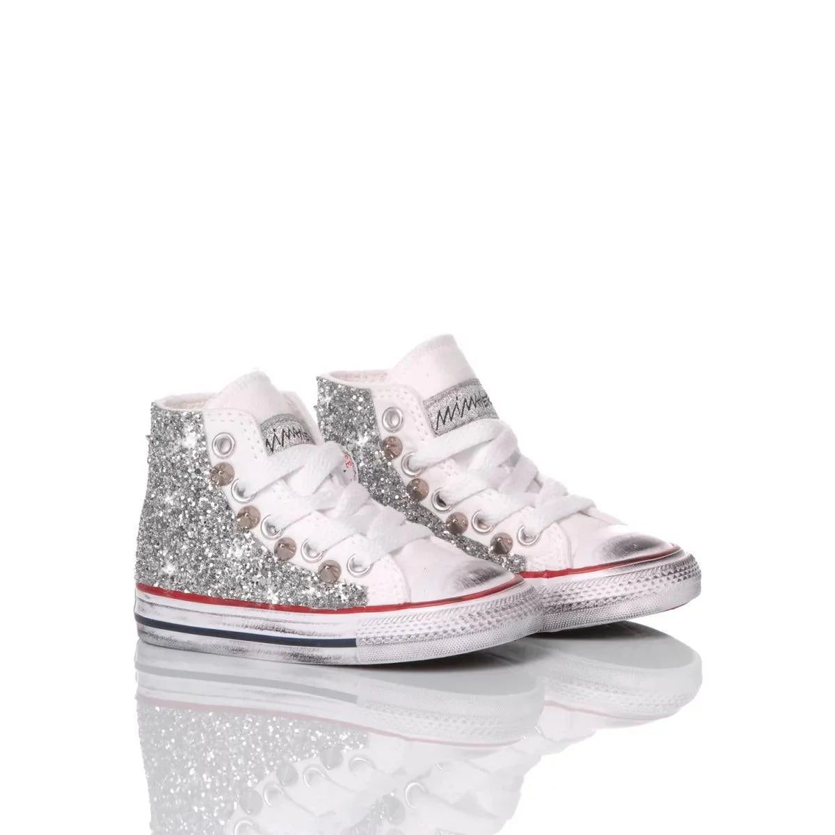 Scarpe premaman sneakers bianche con paillettes argento, moda abbigliamento premaman